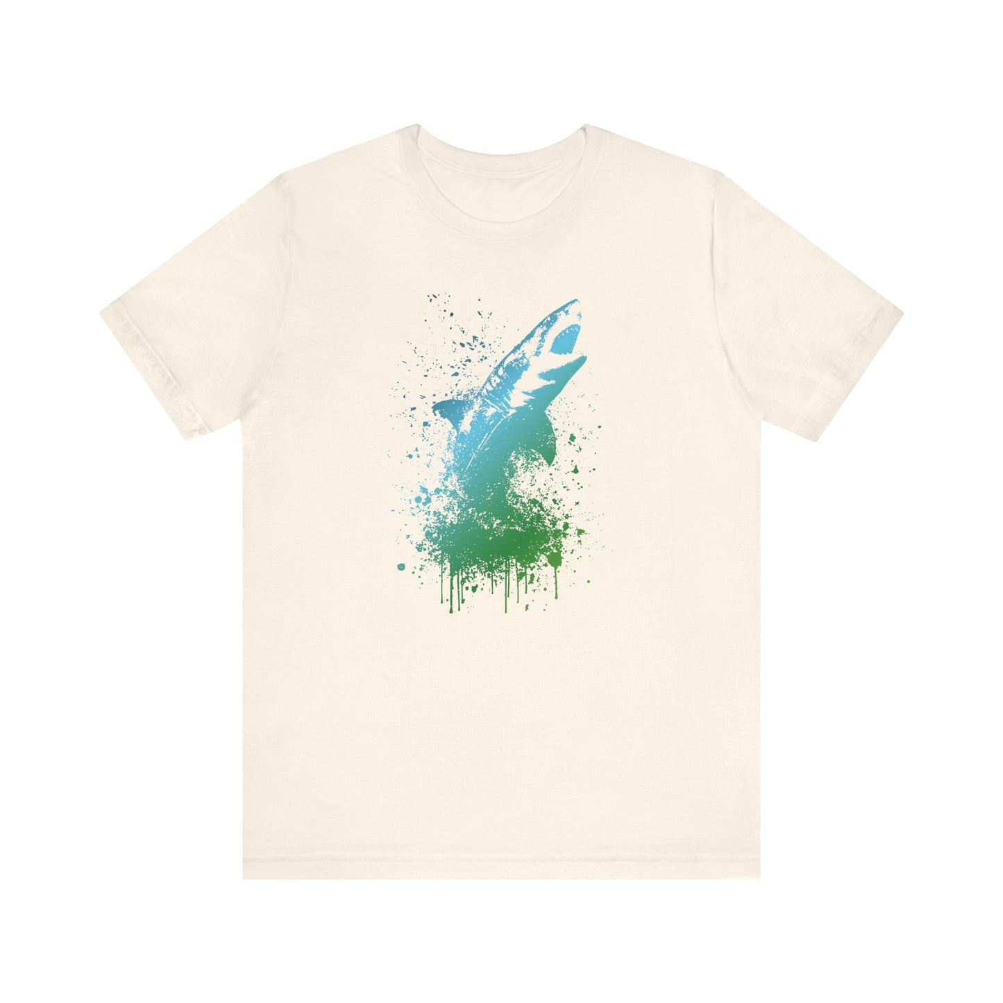 Great White Graphic Tee — Blue & Green Watercolor Shark T‑Shirt