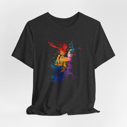 Skateboard Splash Tee — Colorful Watercolor Skateboarder Graphic T‑Shirt