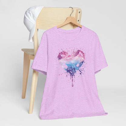 Watercolor Splatter Heart T‑Shirt — Galaxy Pink & Blue Drip Tee