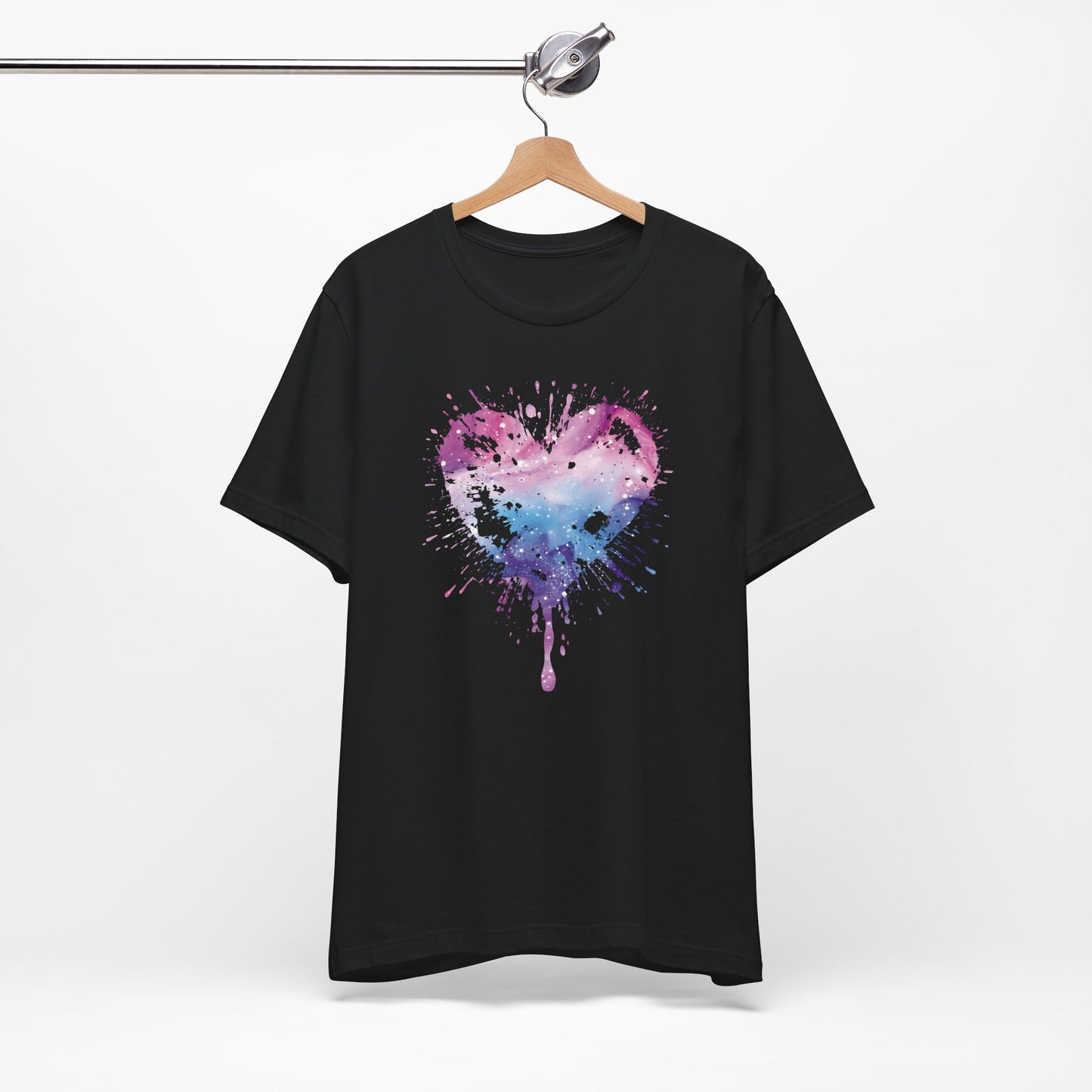 Watercolor Splatter Heart T‑Shirt — Galaxy Pink & Blue Drip Tee
