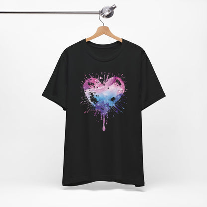 Watercolor Splatter Heart T‑Shirt — Galaxy Pink & Blue Drip Tee