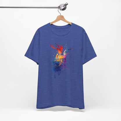 Skateboard Splash Tee — Colorful Watercolor Skateboarder Graphic T‑Shirt