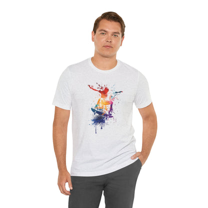 Skateboard Splash Tee — Colorful Watercolor Skateboarder Graphic T‑Shirt
