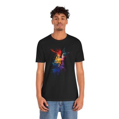 Skateboard Splash Tee — Colorful Watercolor Skateboarder Graphic T‑Shirt