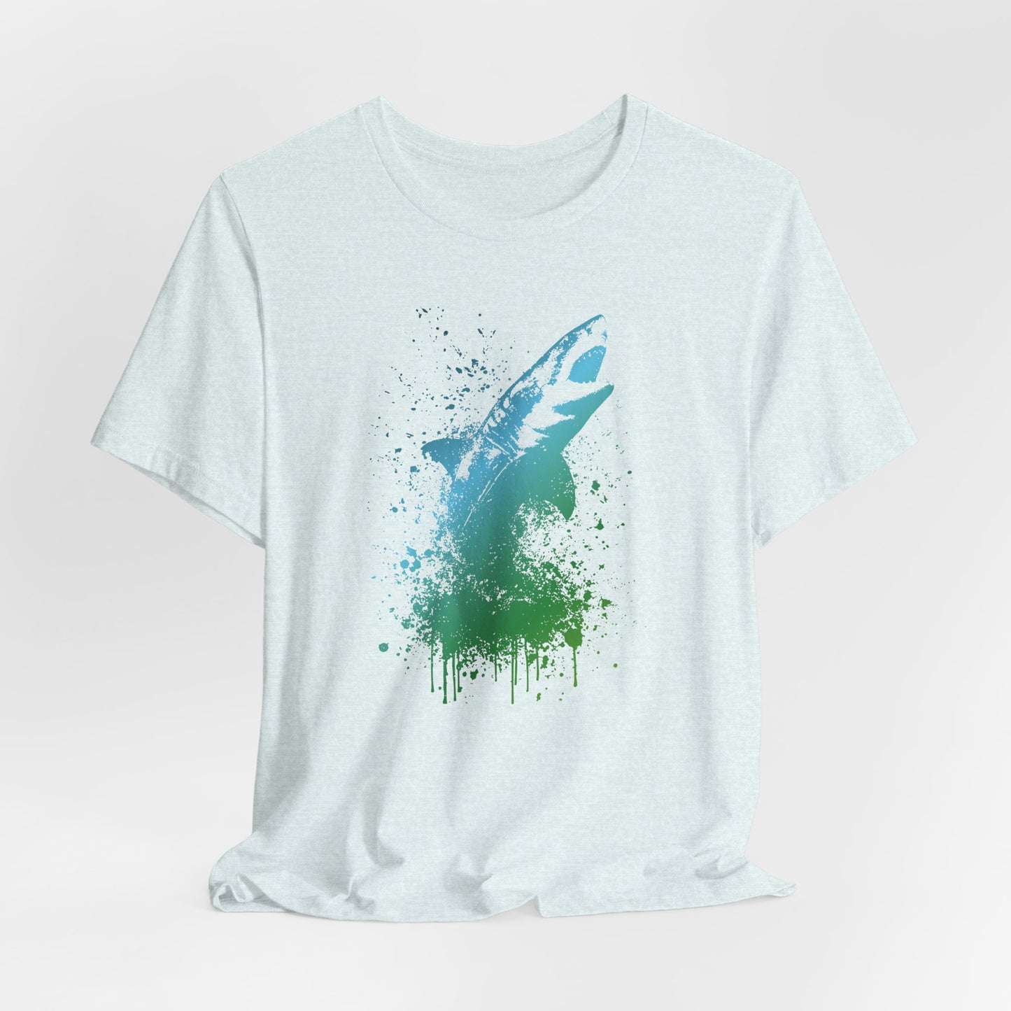 Great White Graphic Tee — Blue & Green Watercolor Shark T‑Shirt