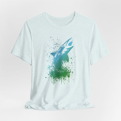 Great White Graphic Tee — Blue & Green Watercolor Shark T‑Shirt