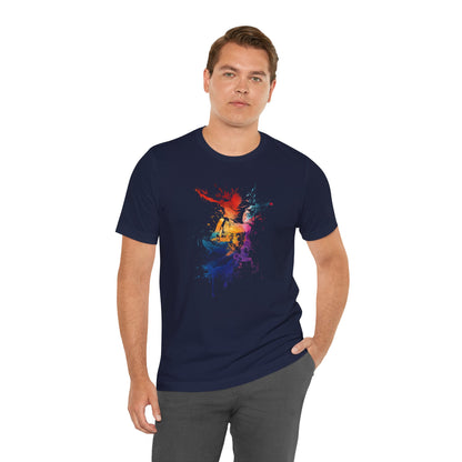 Skateboard Splash Tee — Colorful Watercolor Skateboarder Graphic T‑Shirt