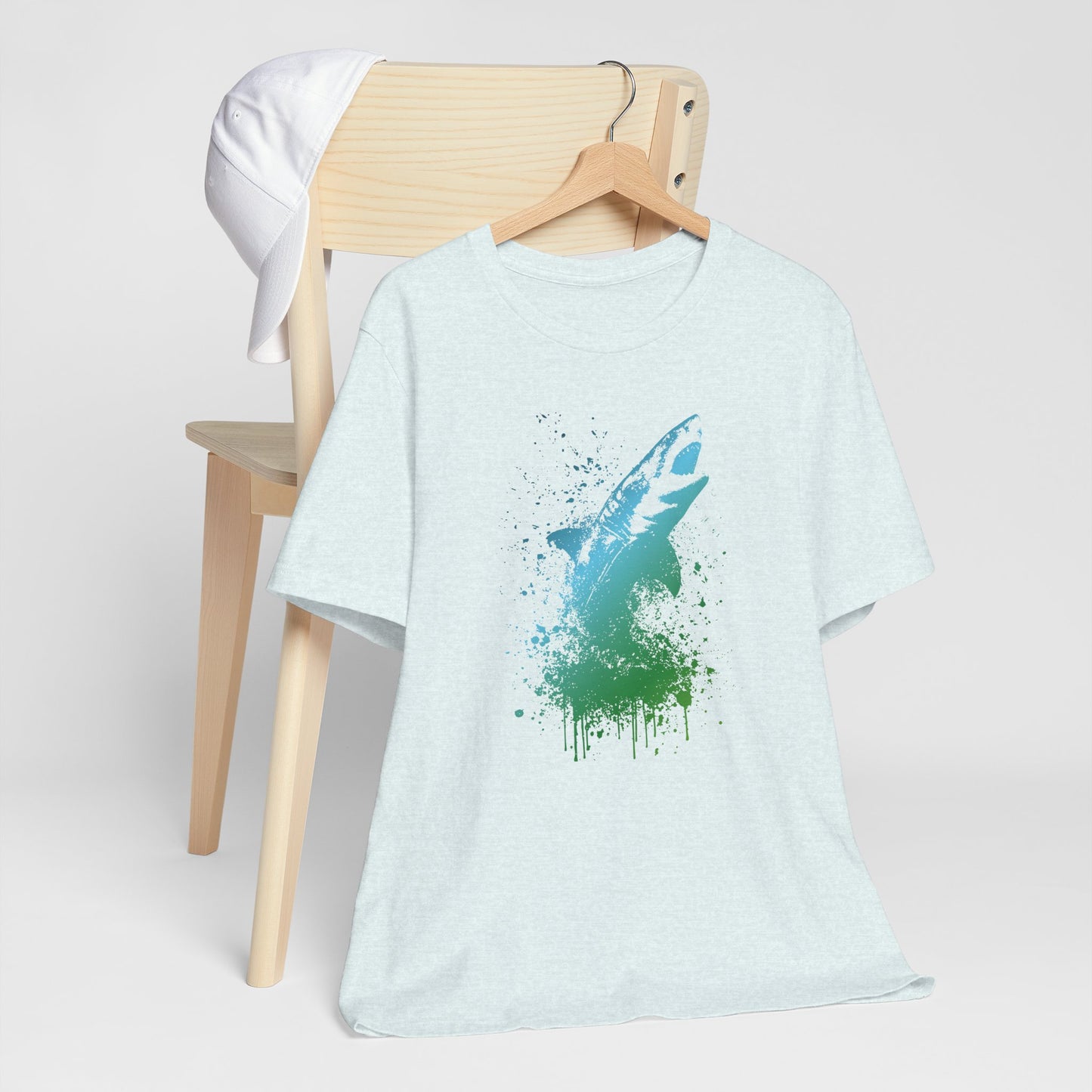 Great White Graphic Tee — Blue & Green Watercolor Shark T‑Shirt