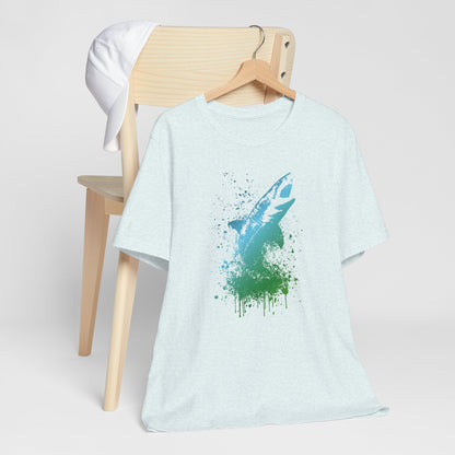 Great White Graphic Tee — Blue & Green Watercolor Shark T‑Shirt
