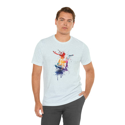 Skateboard Splash Tee — Colorful Watercolor Skateboarder Graphic T‑Shirt
